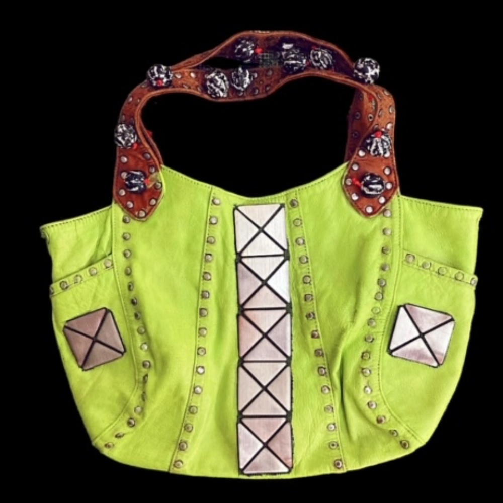 Custom Neon Green & Silver Leather Bag